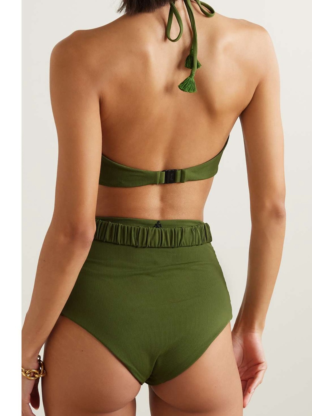 Olive High-Waist Bandeau Bikini Set with Knotted Halter - Picture 2 of 9